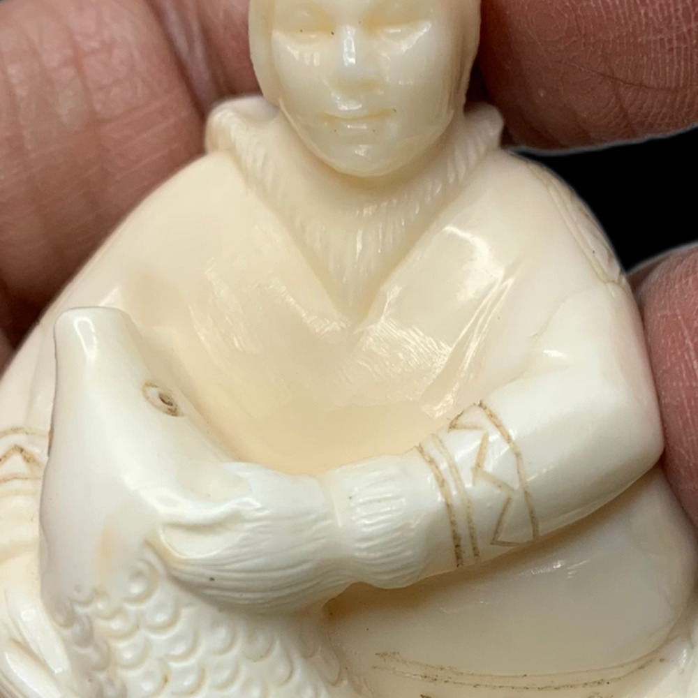 Small Vintage Bone Carving, Eskimo holding Fish Made in USSR Very Detailed